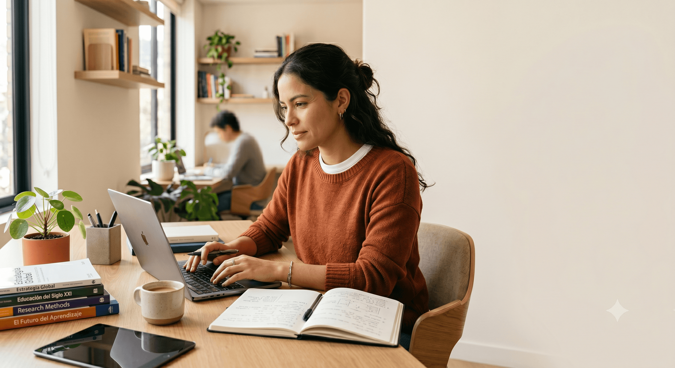 Estudiante concentrada trabajando en su computador mientras estudia.
